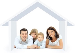 Happy family in a house. Isolated over a white backgroun